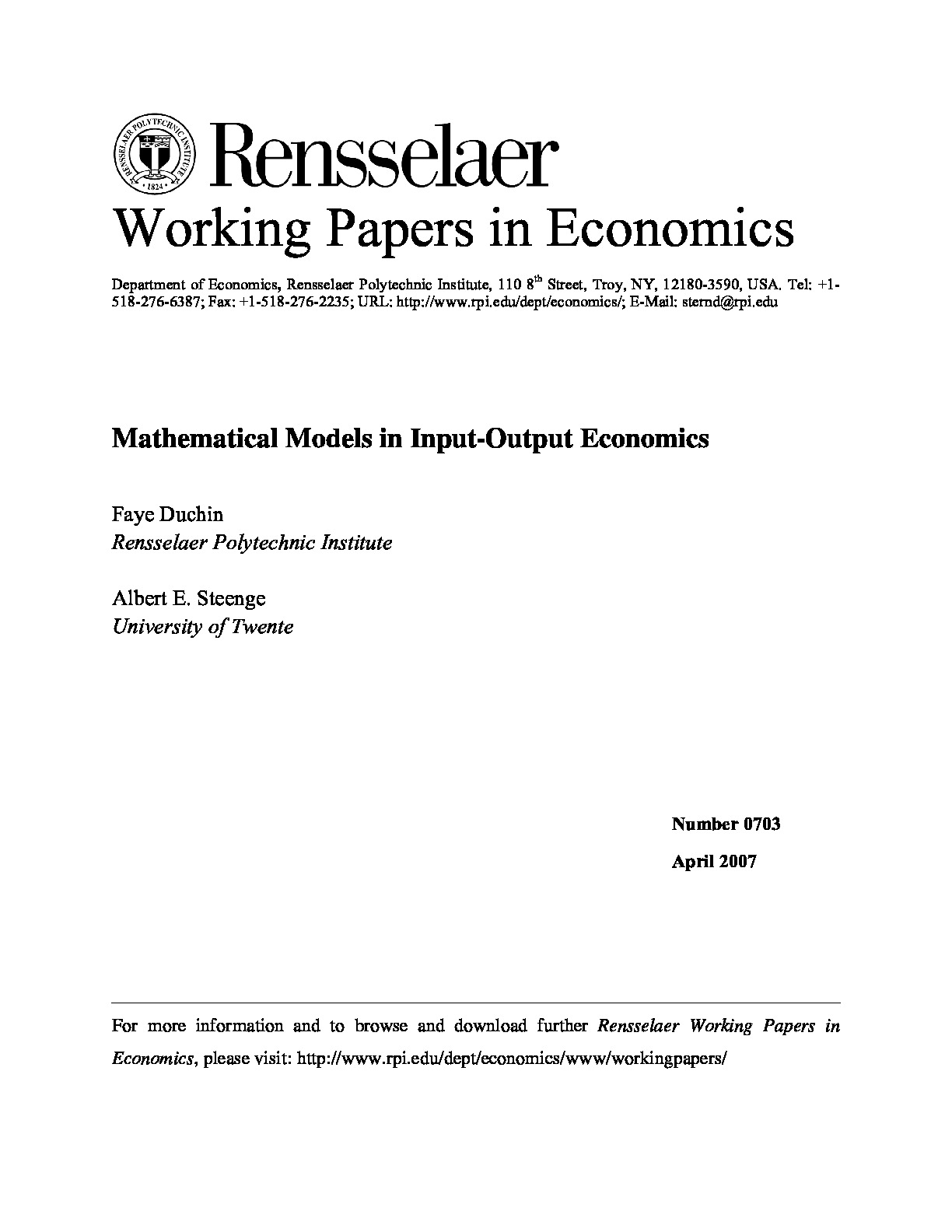 Mathematical Models in Input-Output Economics