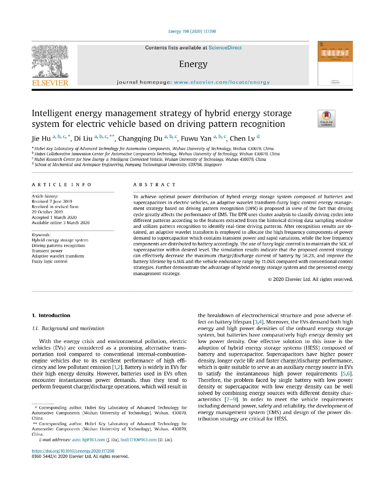 Intelligent Energy Management Strategy of Hybrid Energy Storage System for EV based on Driving Pattern Recognition