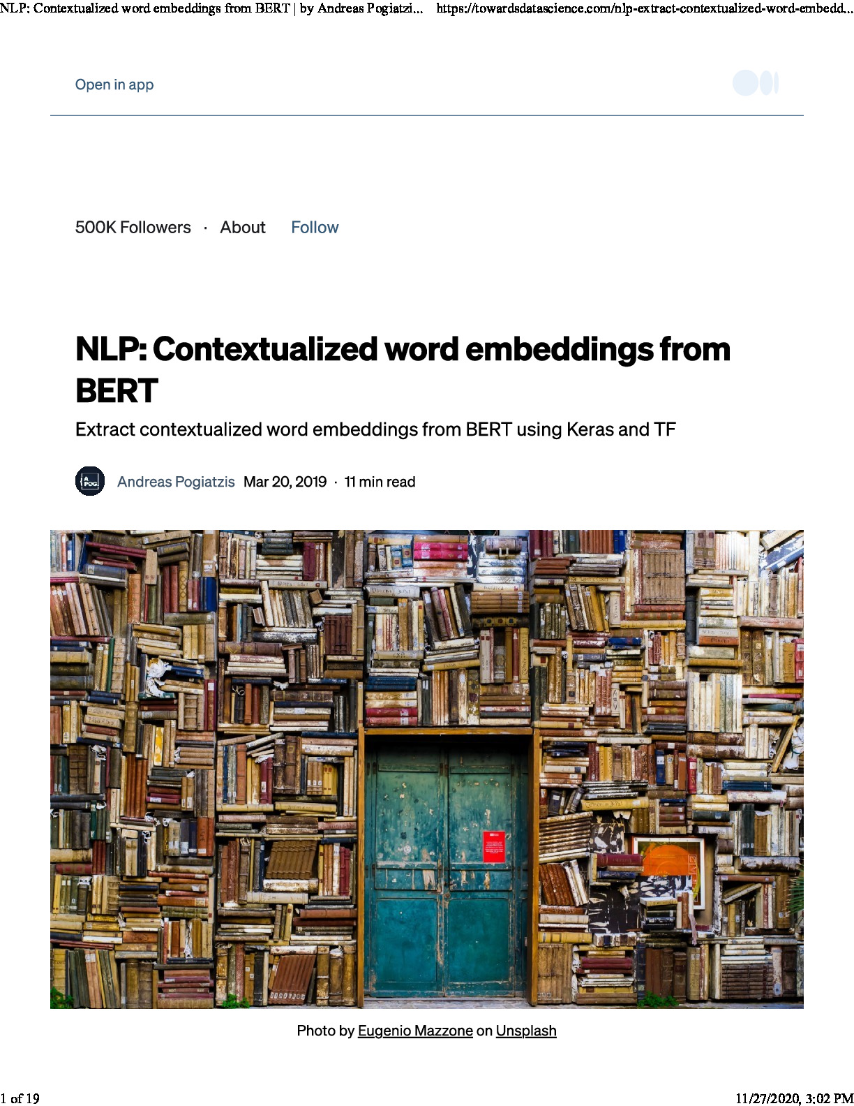 NLP Contextualized Word Embeddings from BERT