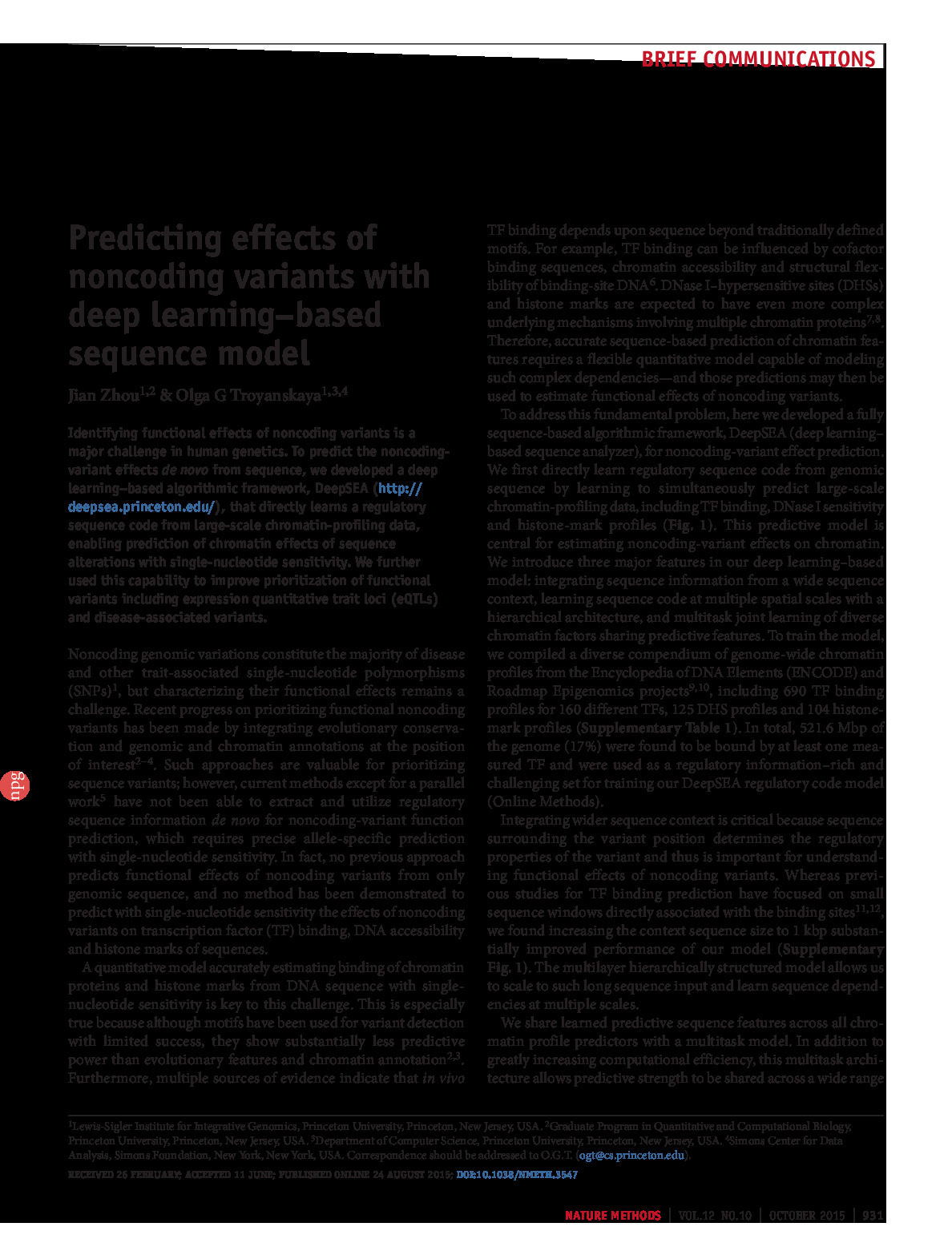 Predicting effects of noncoding variants with deep learning–based sequence model