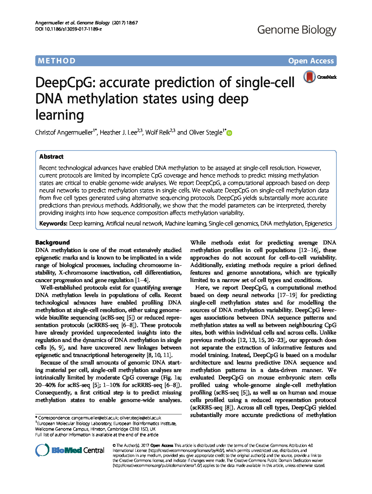 DeepCpG accurate prediction of single-cell DNA methylation states using deep learning