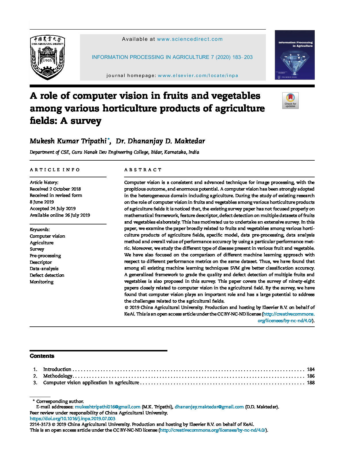 A role of computer vision in fruits and vegetables