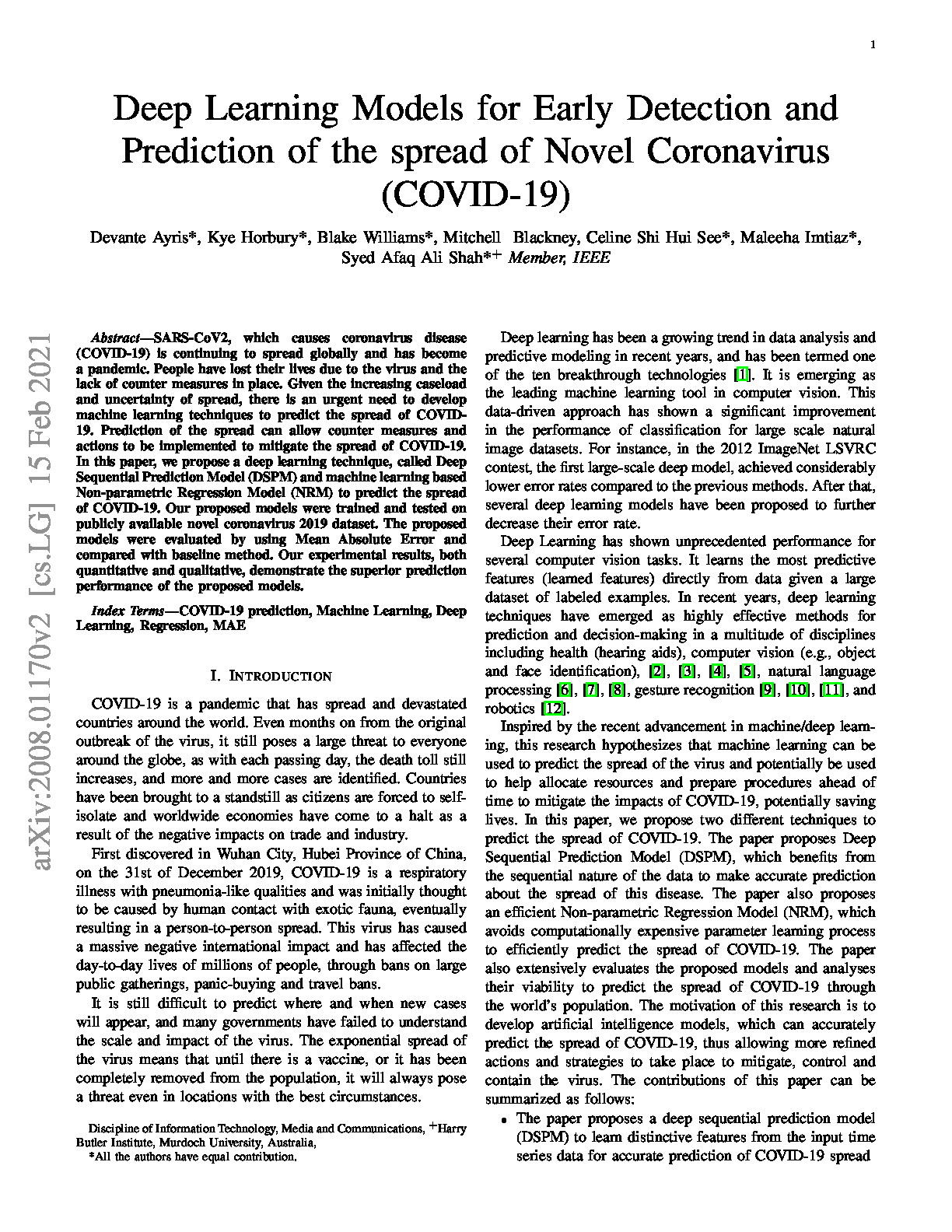 Deep Learning Models for Early Detection and Prediction of the spread of Novel Coronavirus(COVID-19) – 2008.01170v2