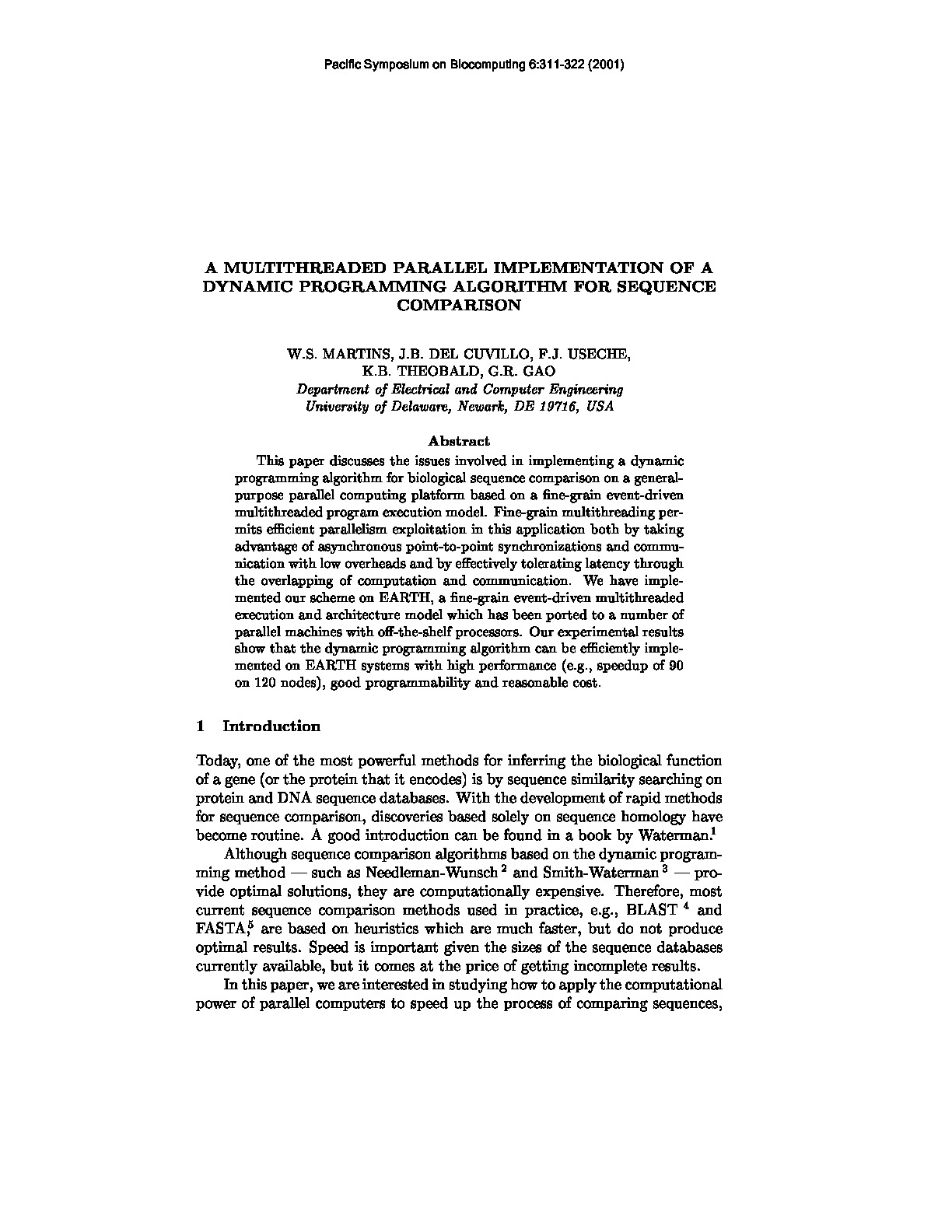 A Multithreaded Parallel Implementation of Dynamic Programming Algorithm for Sequece Comparison