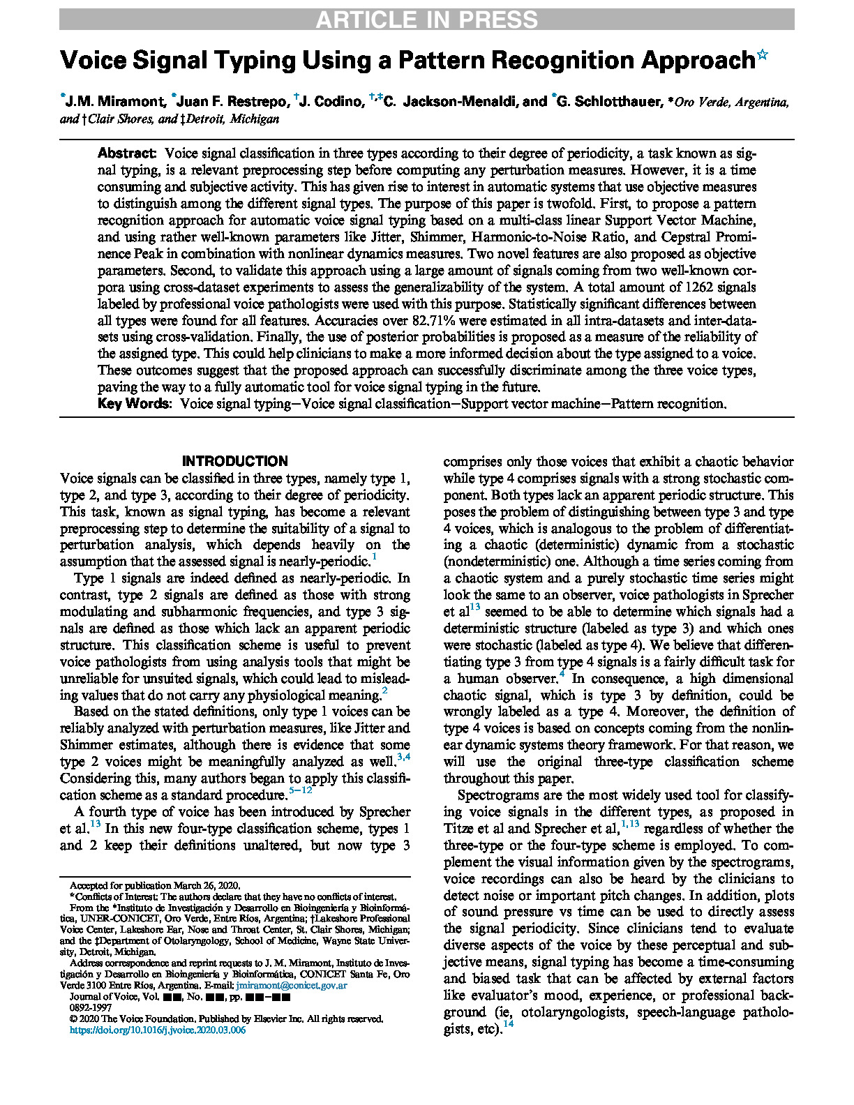 Voice Signal Typing Using a Pattern Recognition Approach