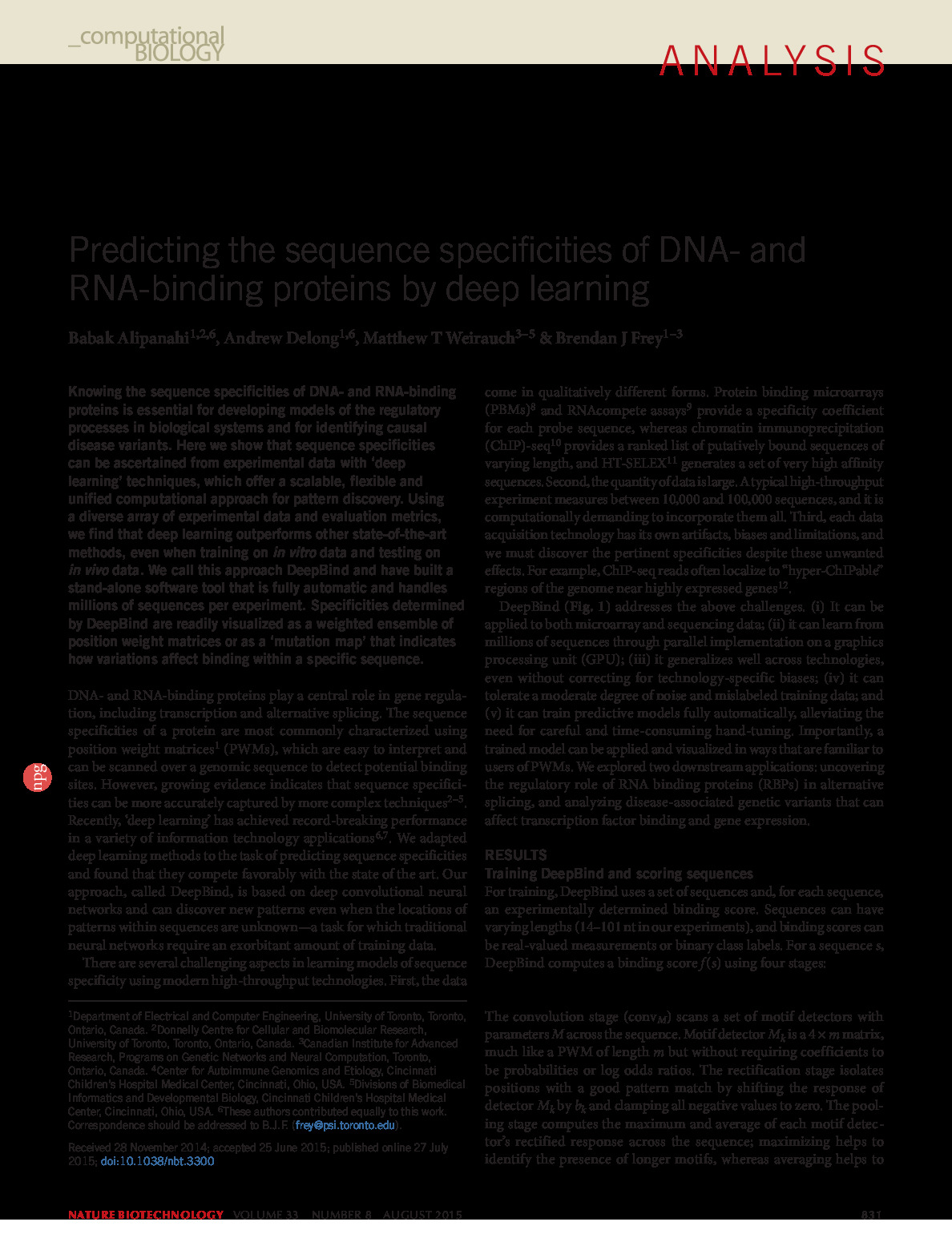 Predicting the sequence specificities of DNA and RNA binding proteins by deep learning