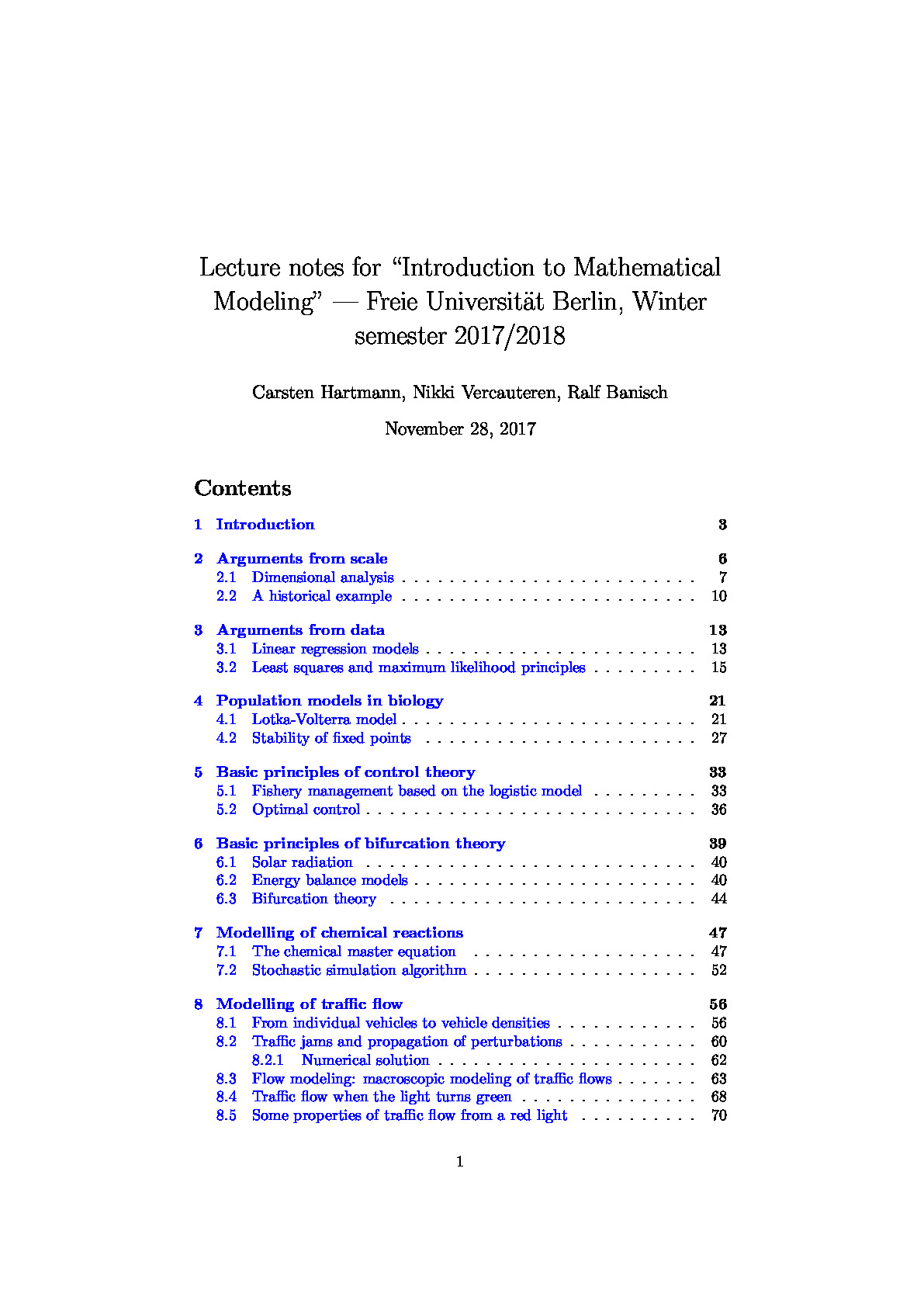 Lecture notes for Introduction to Mathematical Modelling – Freie Universitat Berlin, Winter