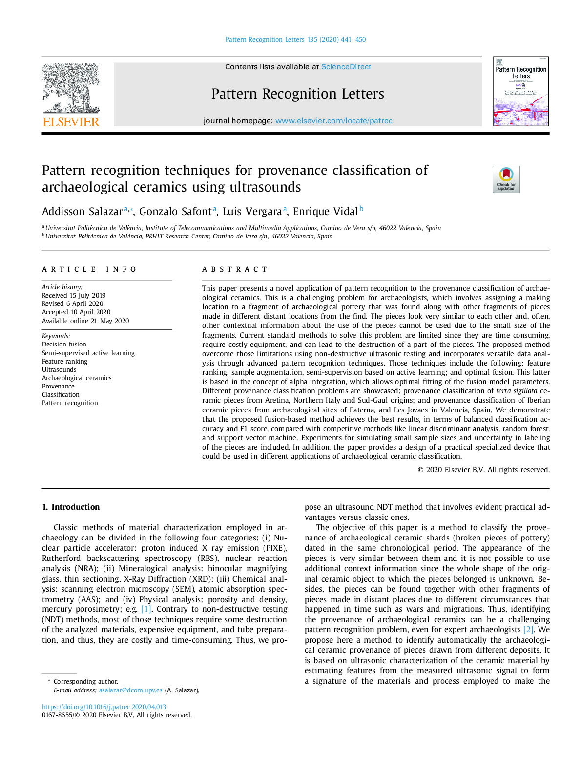 Pattern recognition techniques for provenance classification of archaeological ceramics using ultrasounds