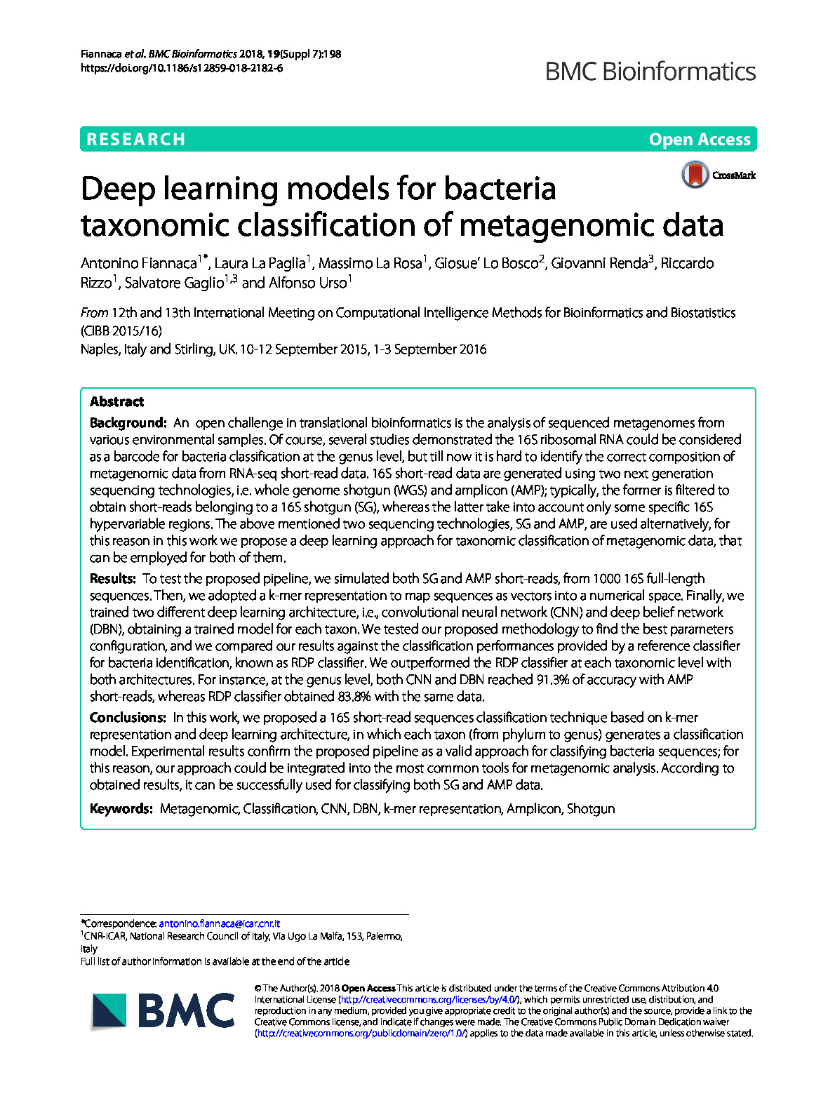 Deep learning models for bacteria taxonomic classification of metagenomic data