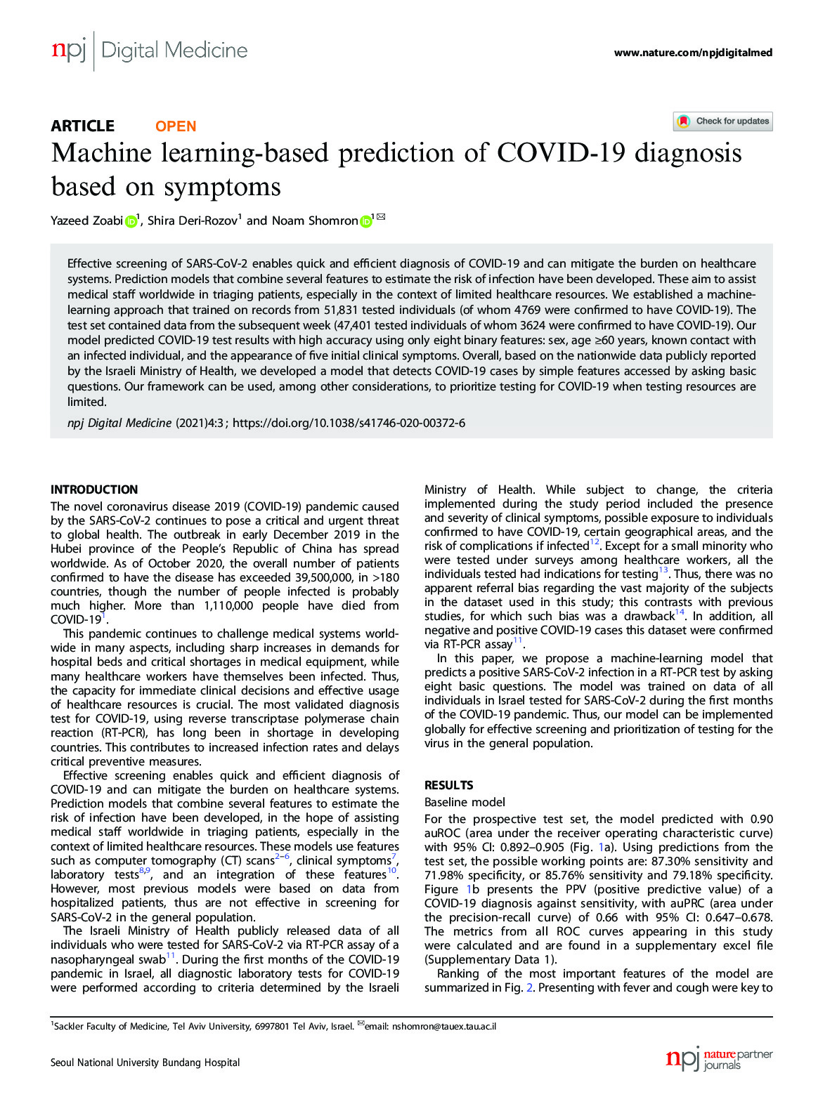 Machine learning-based prediction of COVID-19 diagnosis based on symptoms – 41746_2020_Article_372