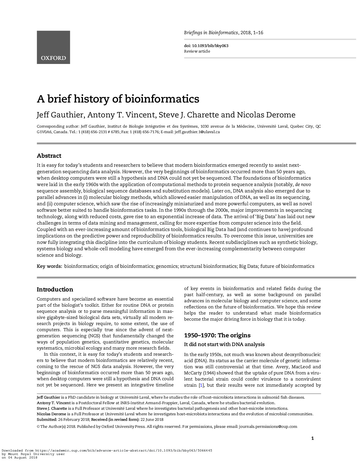 A brief history of bioinformatics