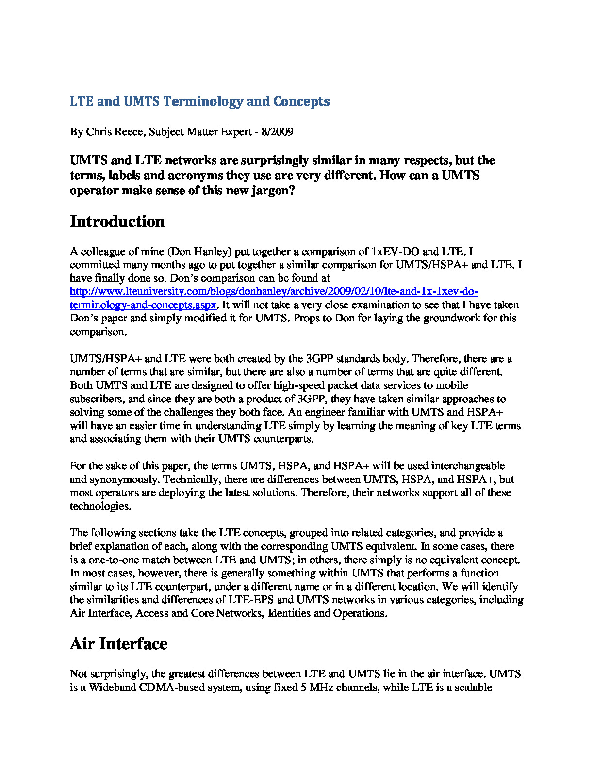 LTE and UMTS Terminology and Concepts