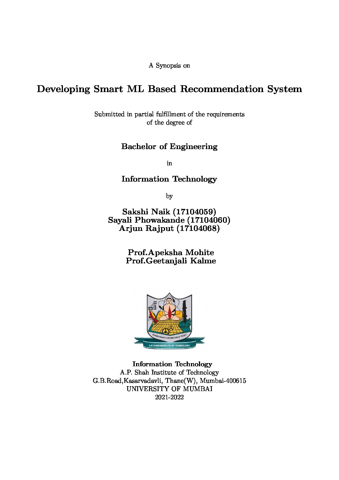 Sem VII Synopsis_Developing_Smart_ML_Based_Recommendation_System_Latex