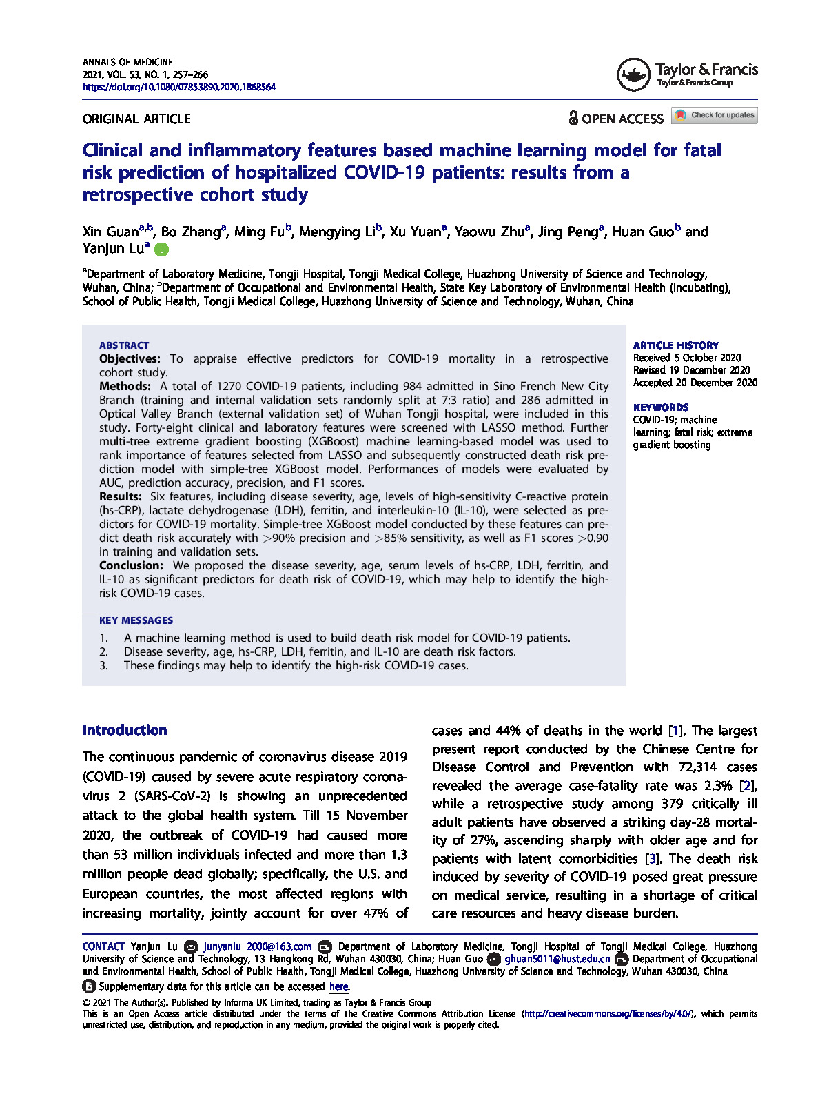 Clinical and inflammatory features based machine learning model for fatal risk prediction of hospitalized COVID-19 patients – results from a retrospective cohort study – IANN_53_1868564