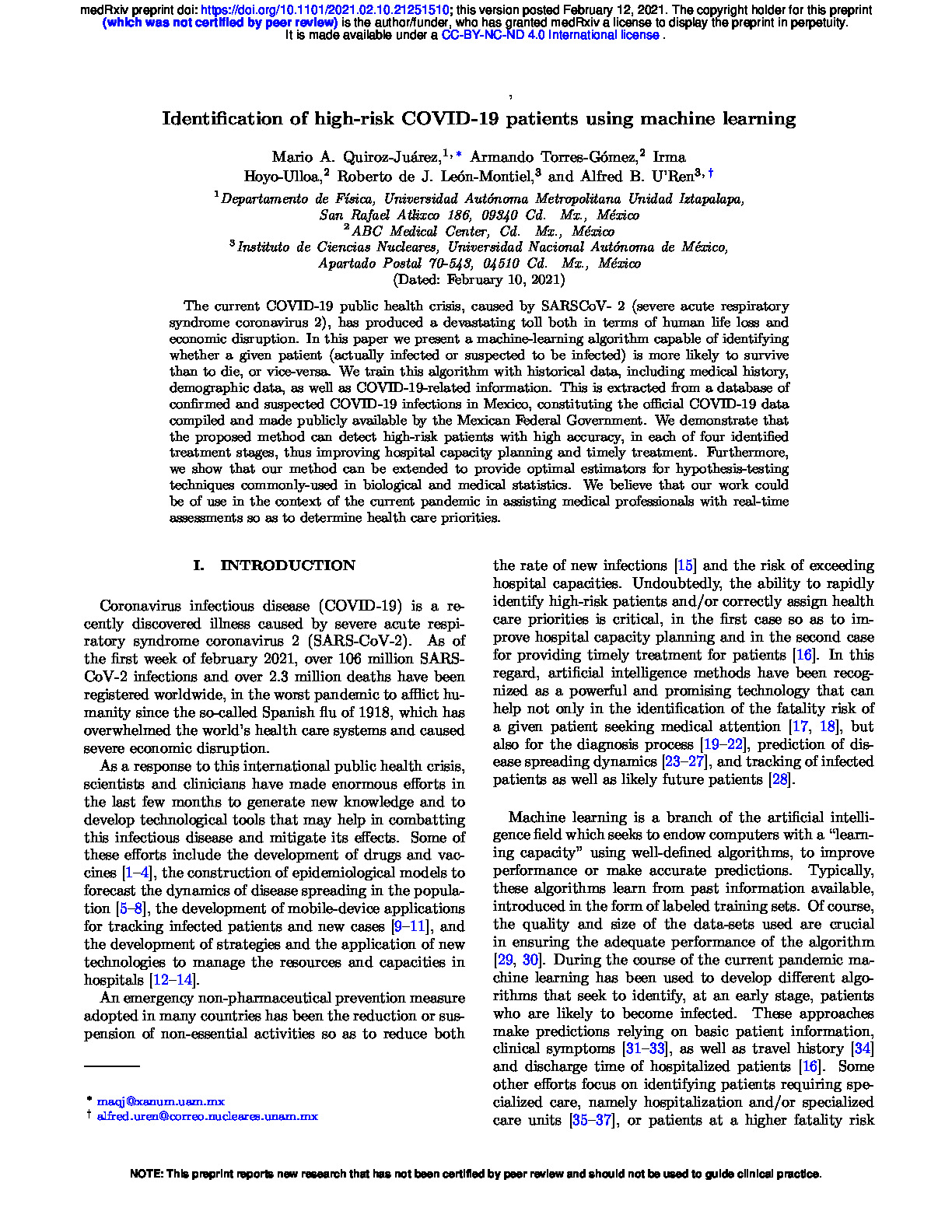 Identification of high-risk COVID-19 patients using machine learning – 2021.02.10.21251510.full