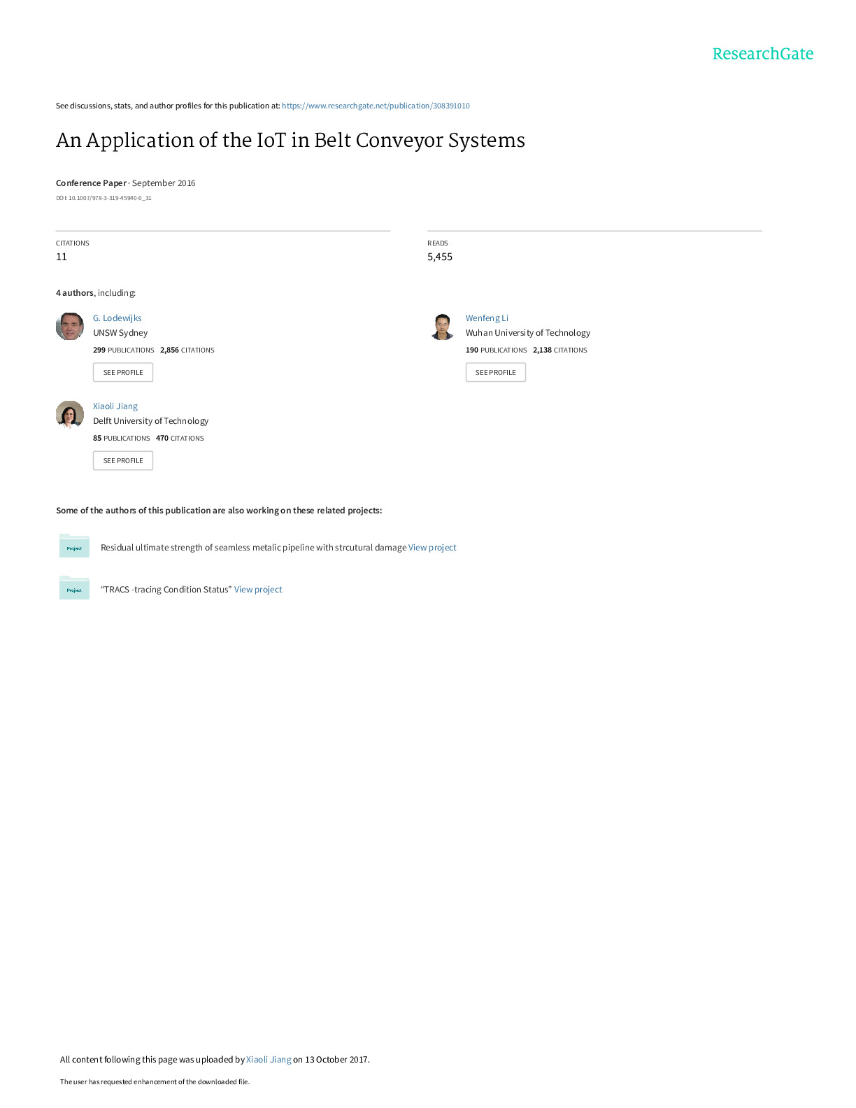 An Application of the IoT in Belt Conveyor Systems