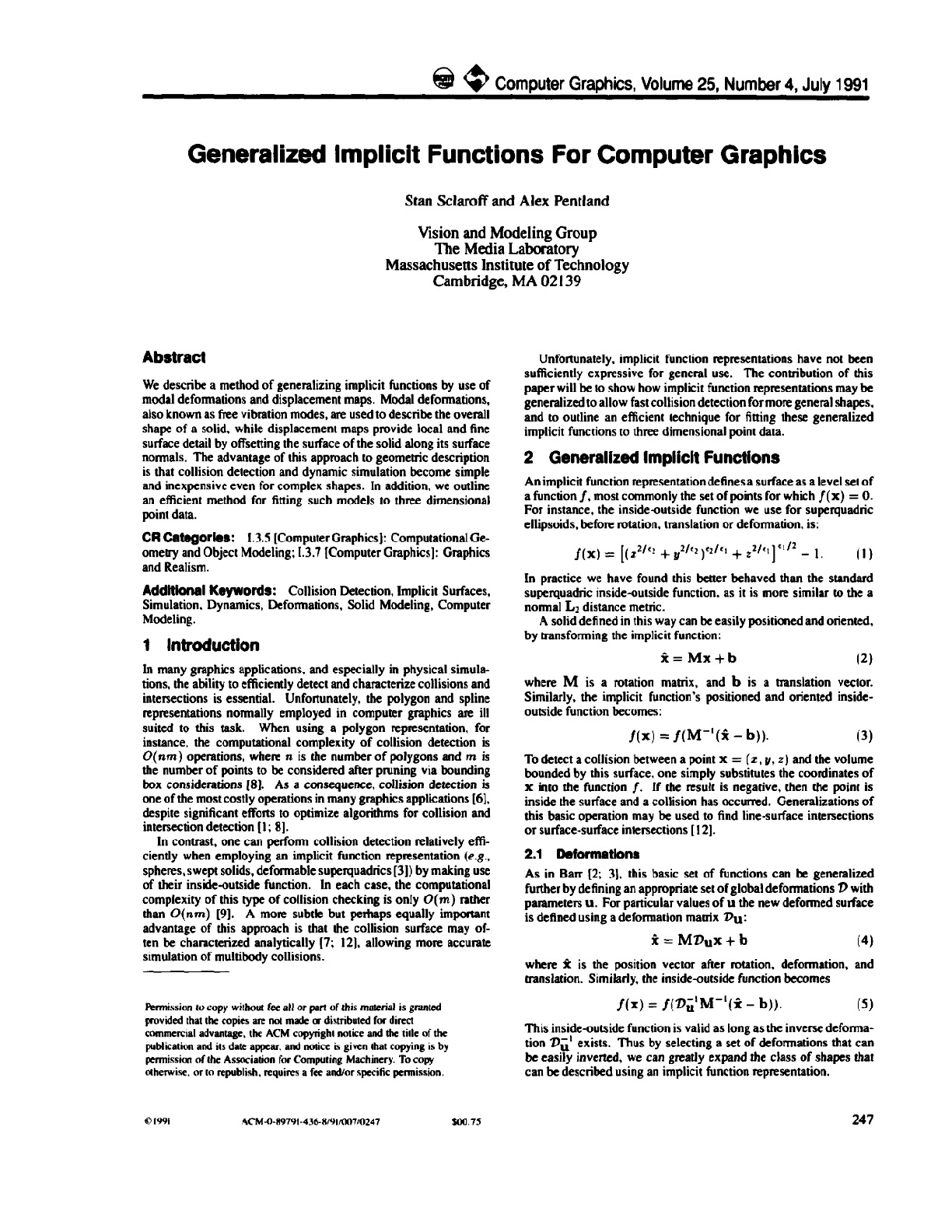 Sclaroff S., Generalized implicit functions for computer graphics
