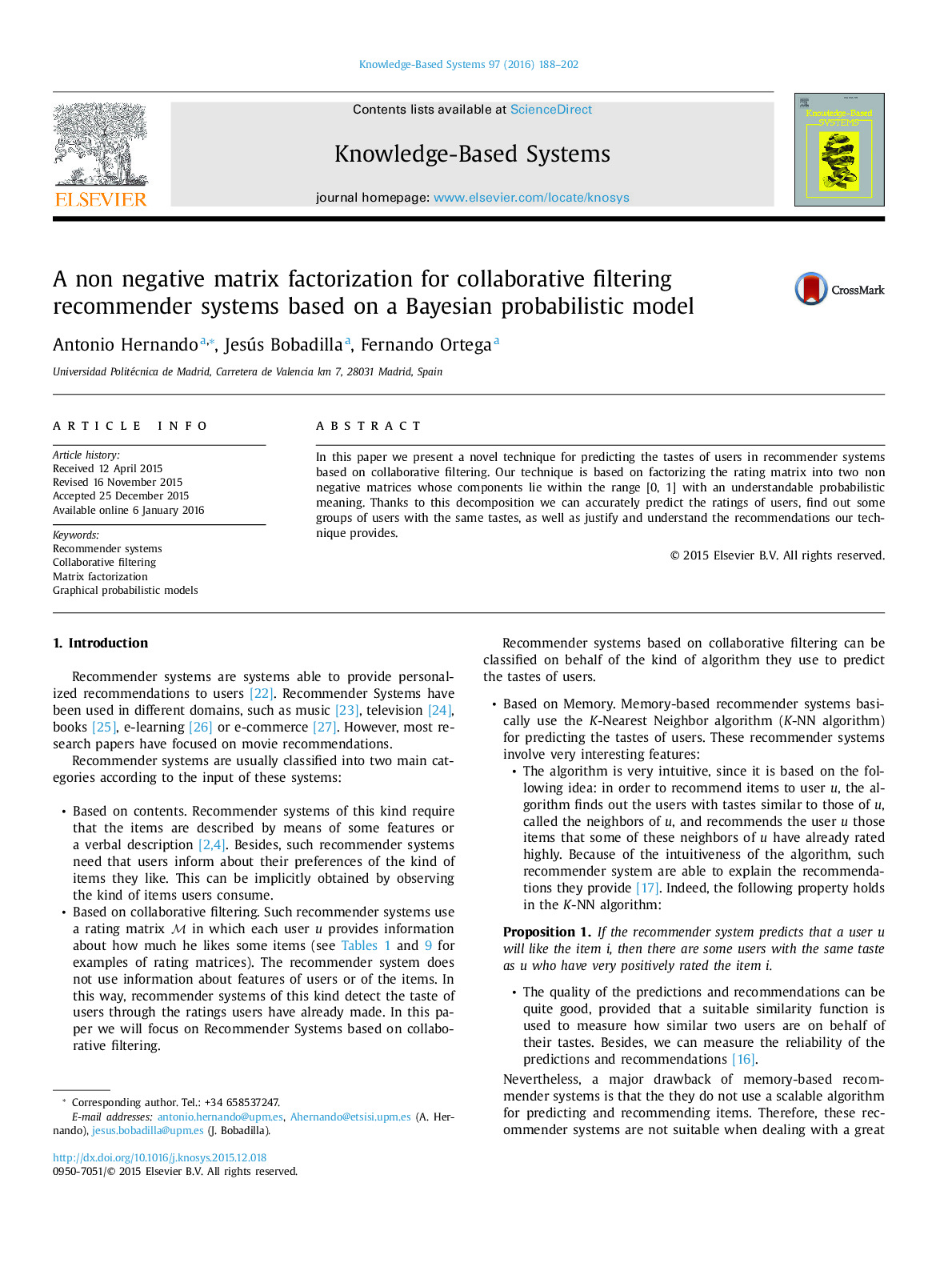 A non negative matrix factorization for collaborative filtering