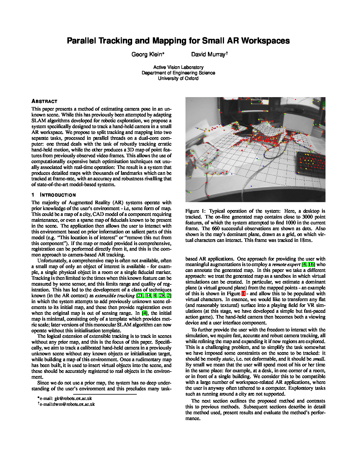 PTAM2007-Parallel Tracking and Mapping for Small AR Workspaces-KleinMurray2007ISMAR