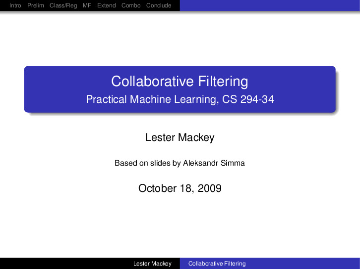 8[Oct 15]Collaborative Filtering [Lester Mackey]