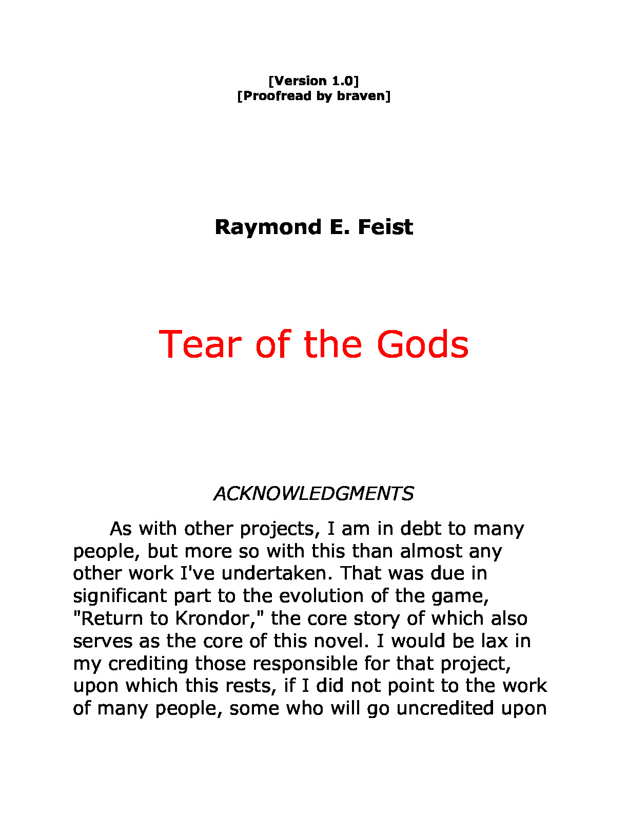 Raymond E. Feist – Riftwar Legacy – Tear of the Gods