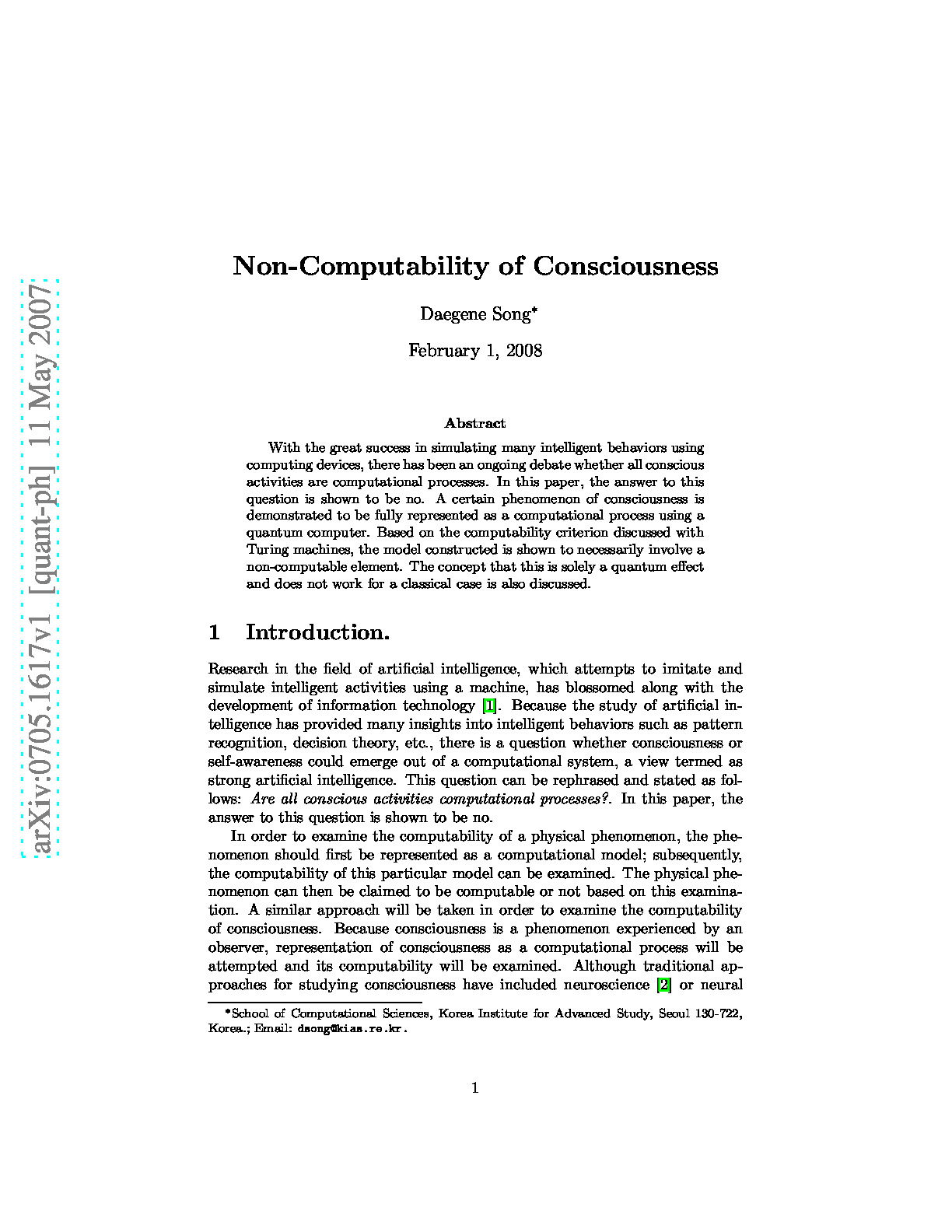 Non-Computability of Consciousness