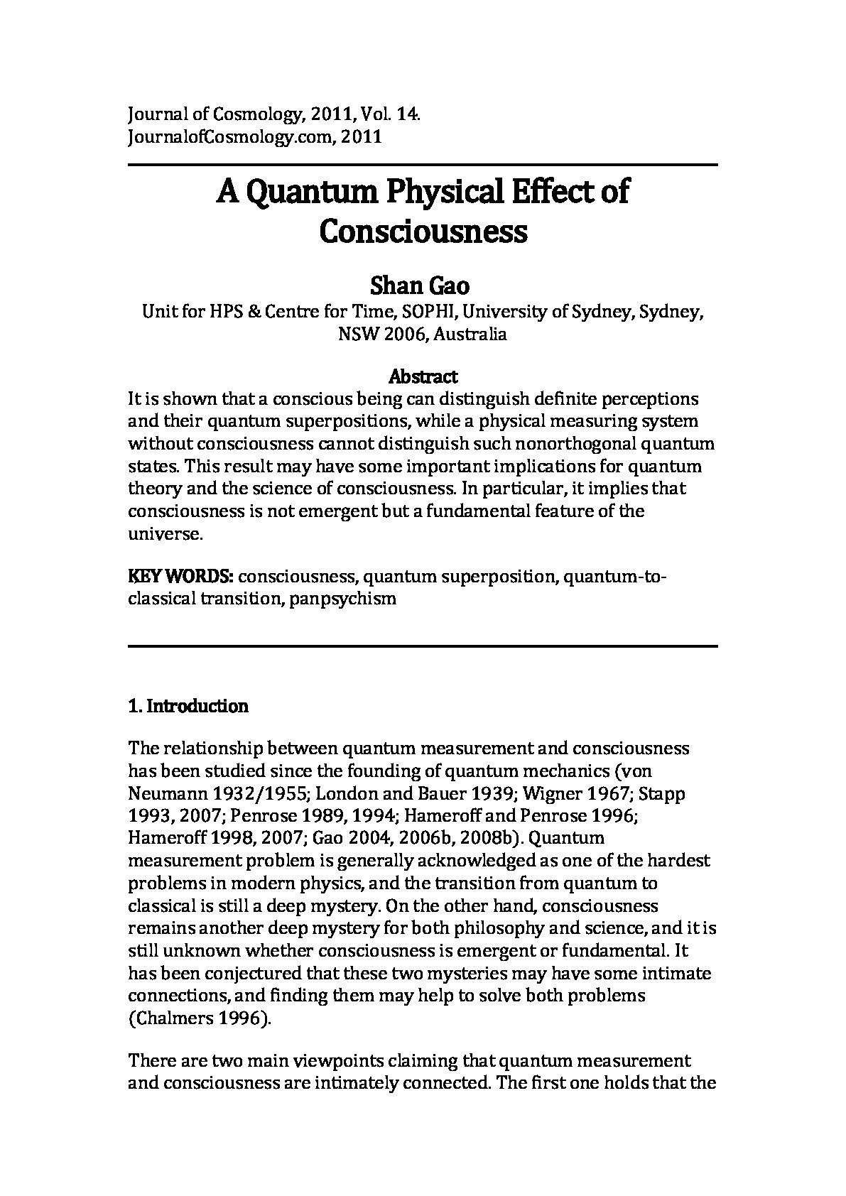 Quantum Physical Effect of Consciousness